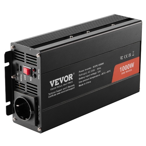 VEVOR Pure Sine Wave Inverter, 1000 Watt, DC 12V to AC 230V Power Inverter with 2 AC Outlets 2 USB Port 1 Type-C Port, Remote Control for Small Home D