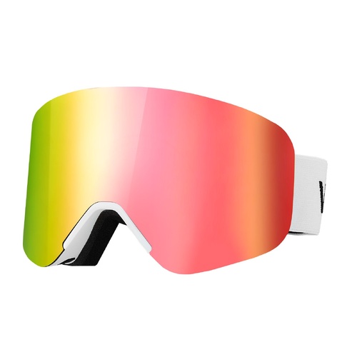 Frameless Ski Goggles, Magnet Cylindrical Lens with Pink Revo Coating, OTG Anti fog Snow Goggles for Men Women Youth, TPU Frame & Ventilation Structur