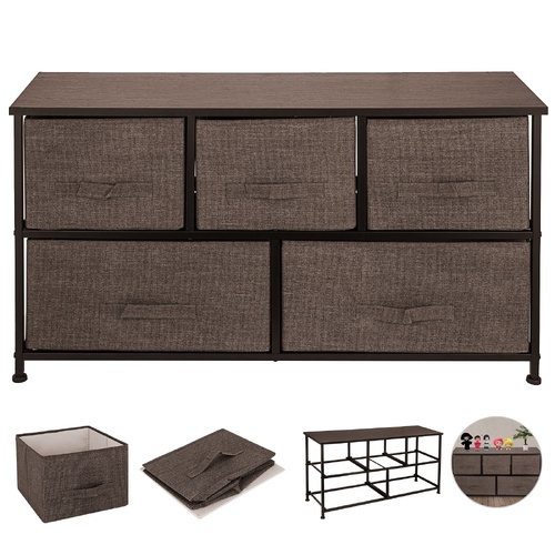 VEVOR Dresser Storage Tower with 5 Fabric Drawer Steel Frame Storage Cabinet Bin Storage Organizer Unit Fabric Cube Dresser Chest Cabinet Coffee Wide 