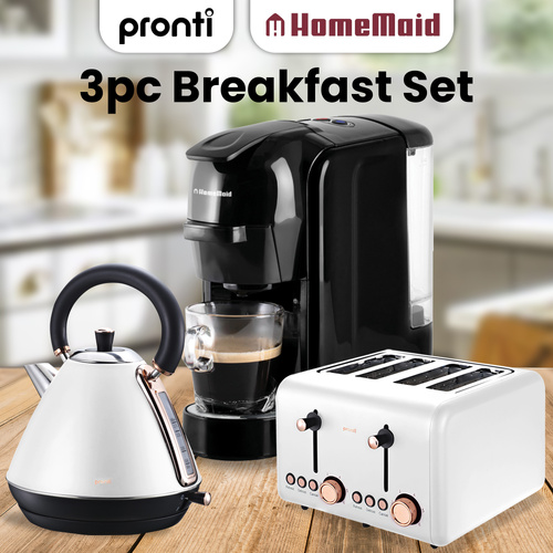 Pronti Kettle, Pronti Toaster and HomeMaid Coffee Machine Breakfast Set - White